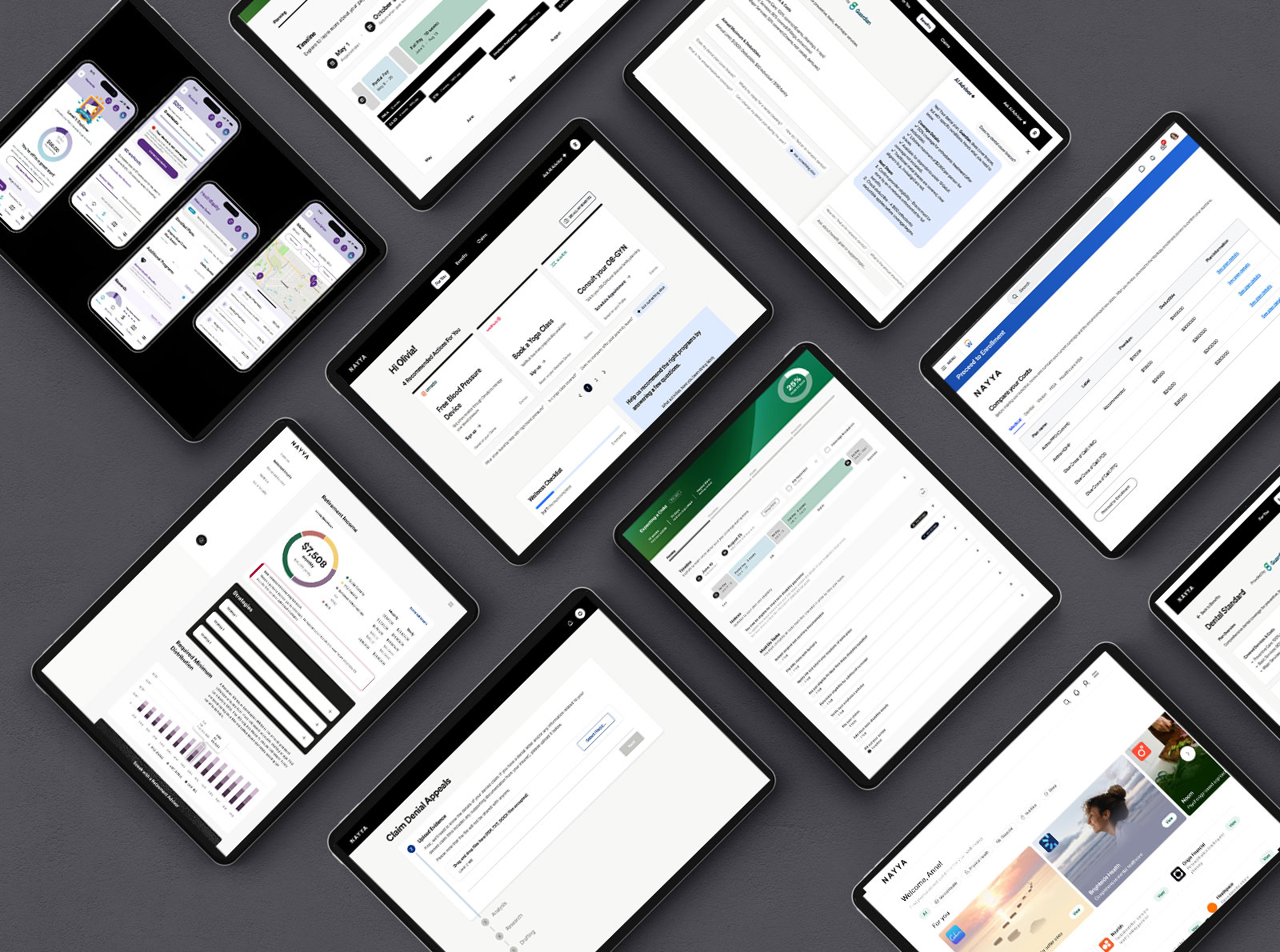 Composite of incubated Nayya products, with Retire and Claims Advocate featured