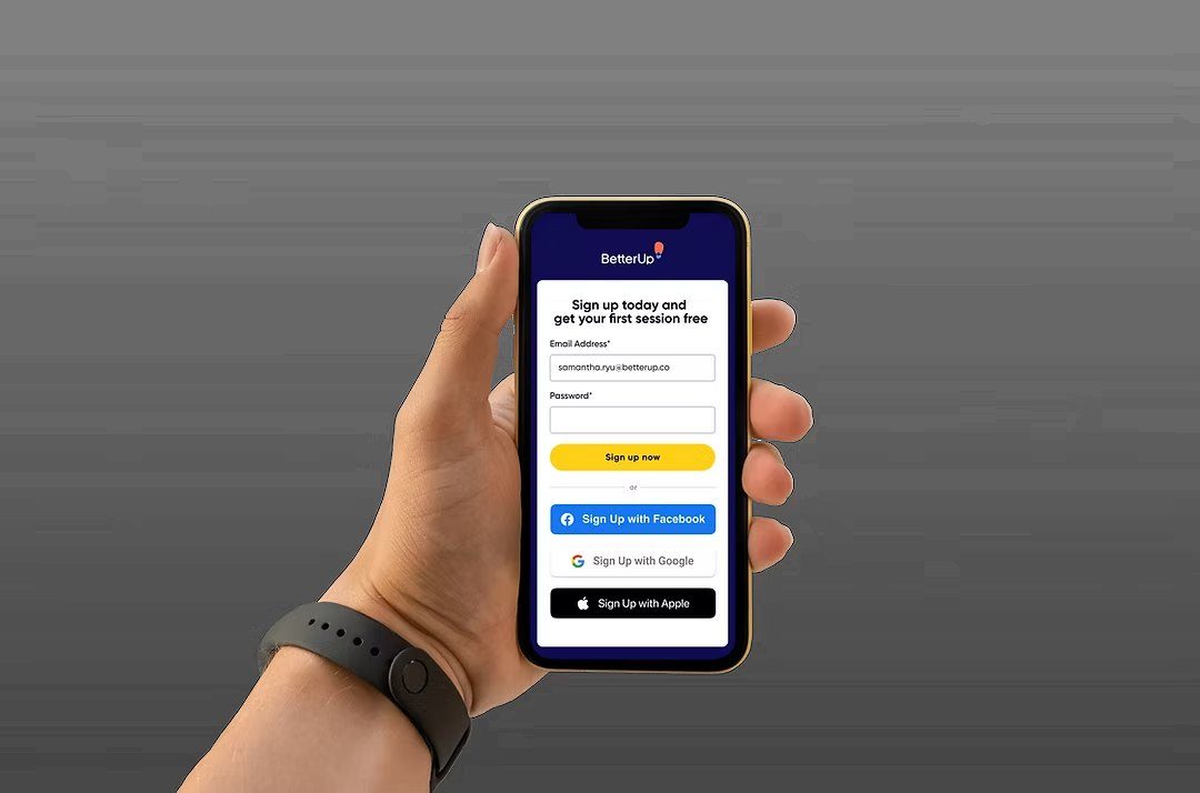 BetterUp signup screen with Facebook, Google and Apple account creation