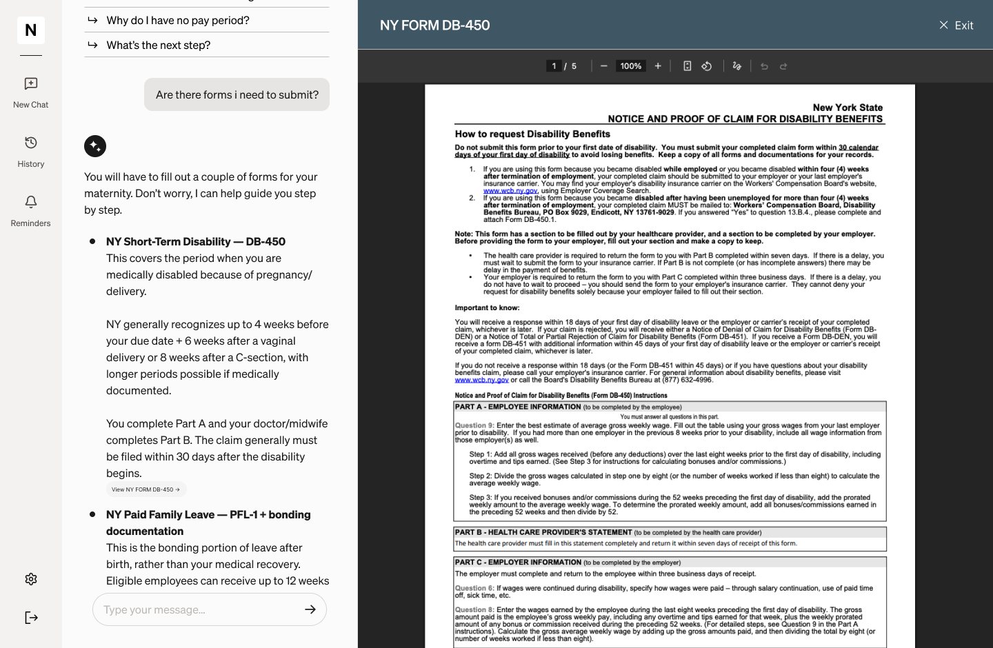 NY Form DB-450 document viewer Surface opened from chat guidance on maternity forms
