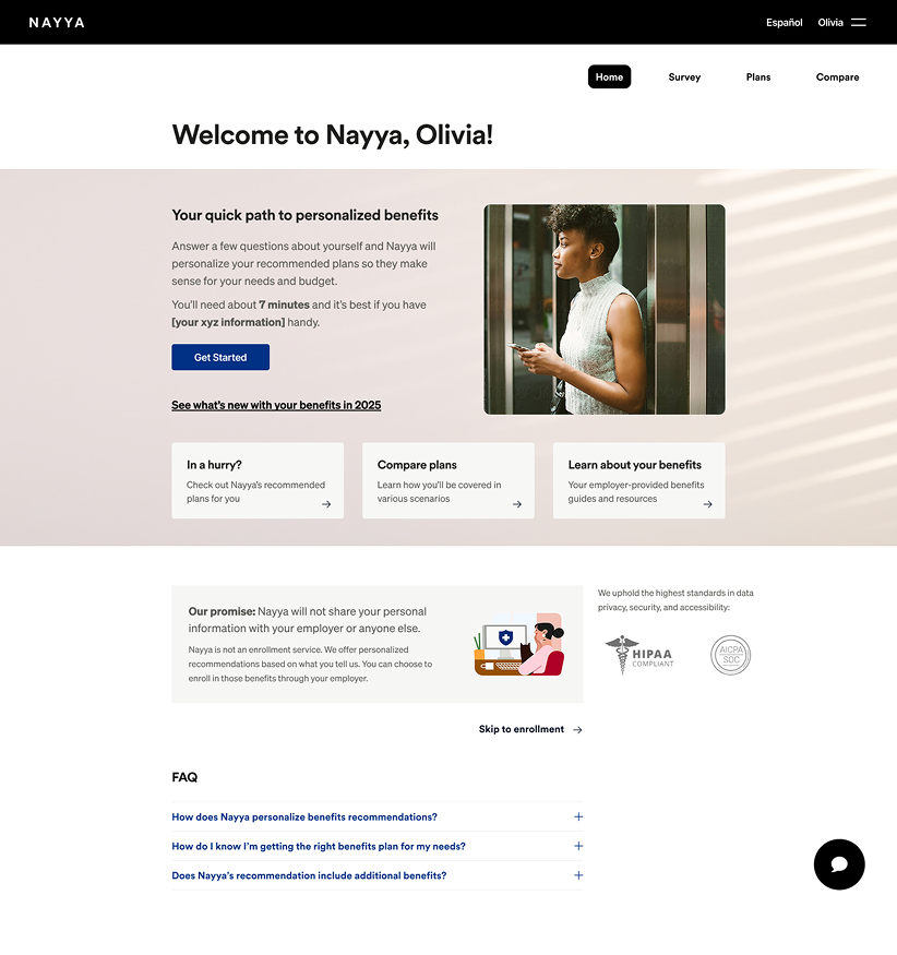 Nayya front door welcoming Olivia with Get Started, See what’s new, and cards for recommendations, compare, and learn