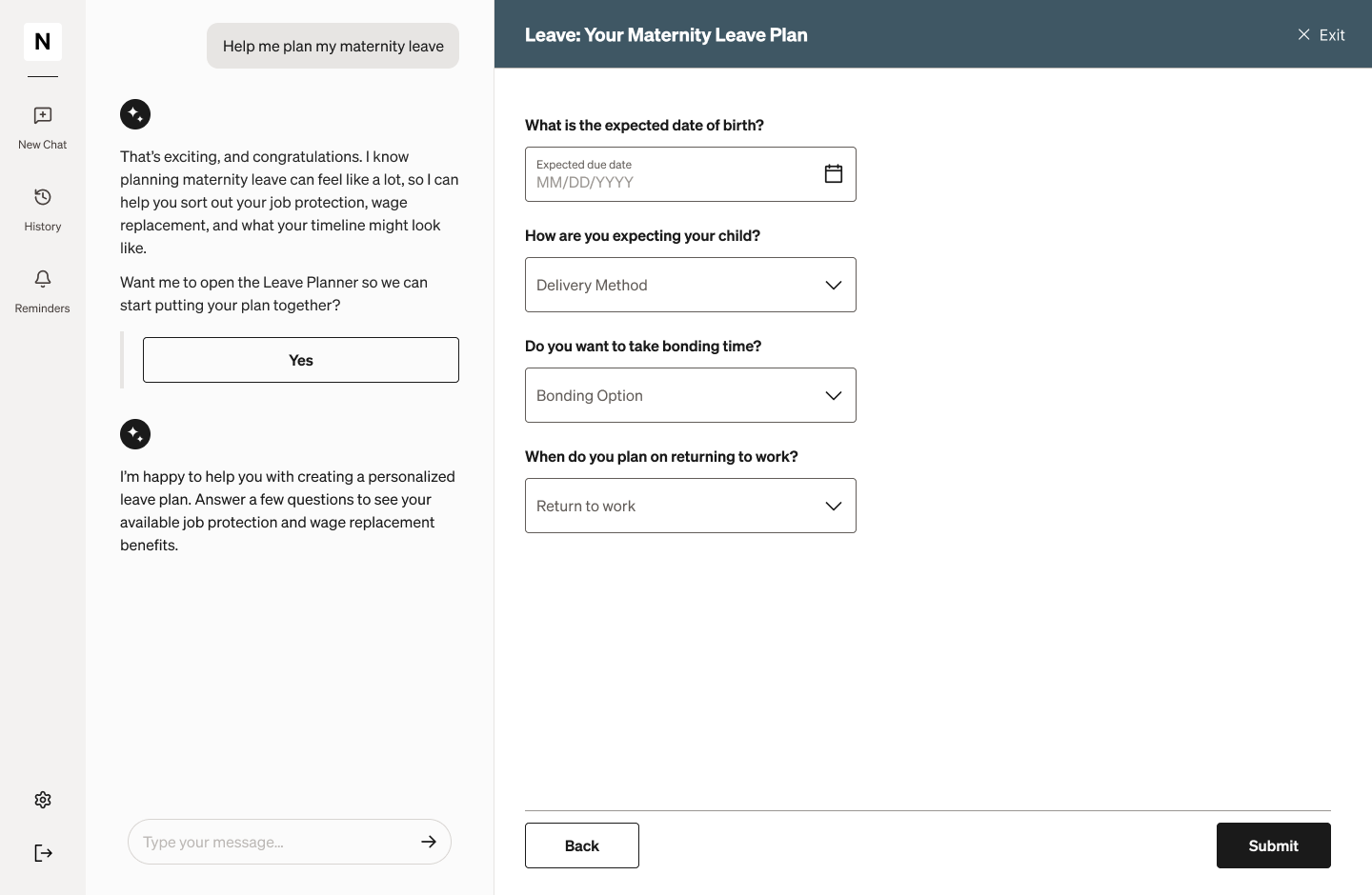 Maternity leave planner form beside chat after the user asks for help planning leave
