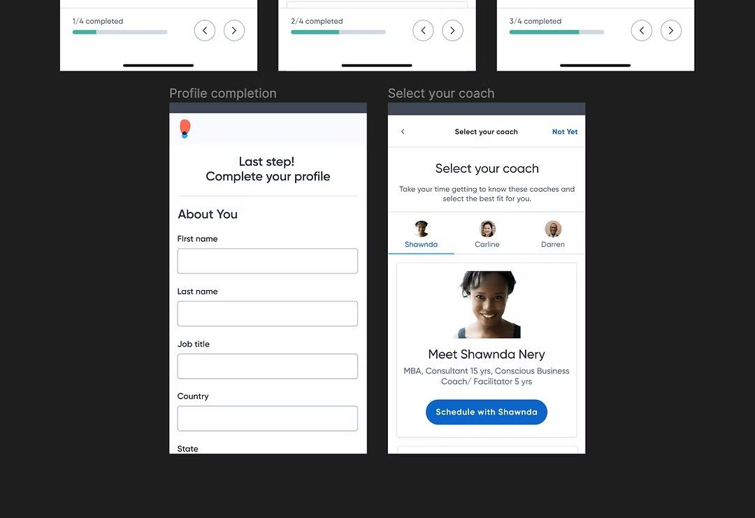 BetterUp profile completion and coach selection screens