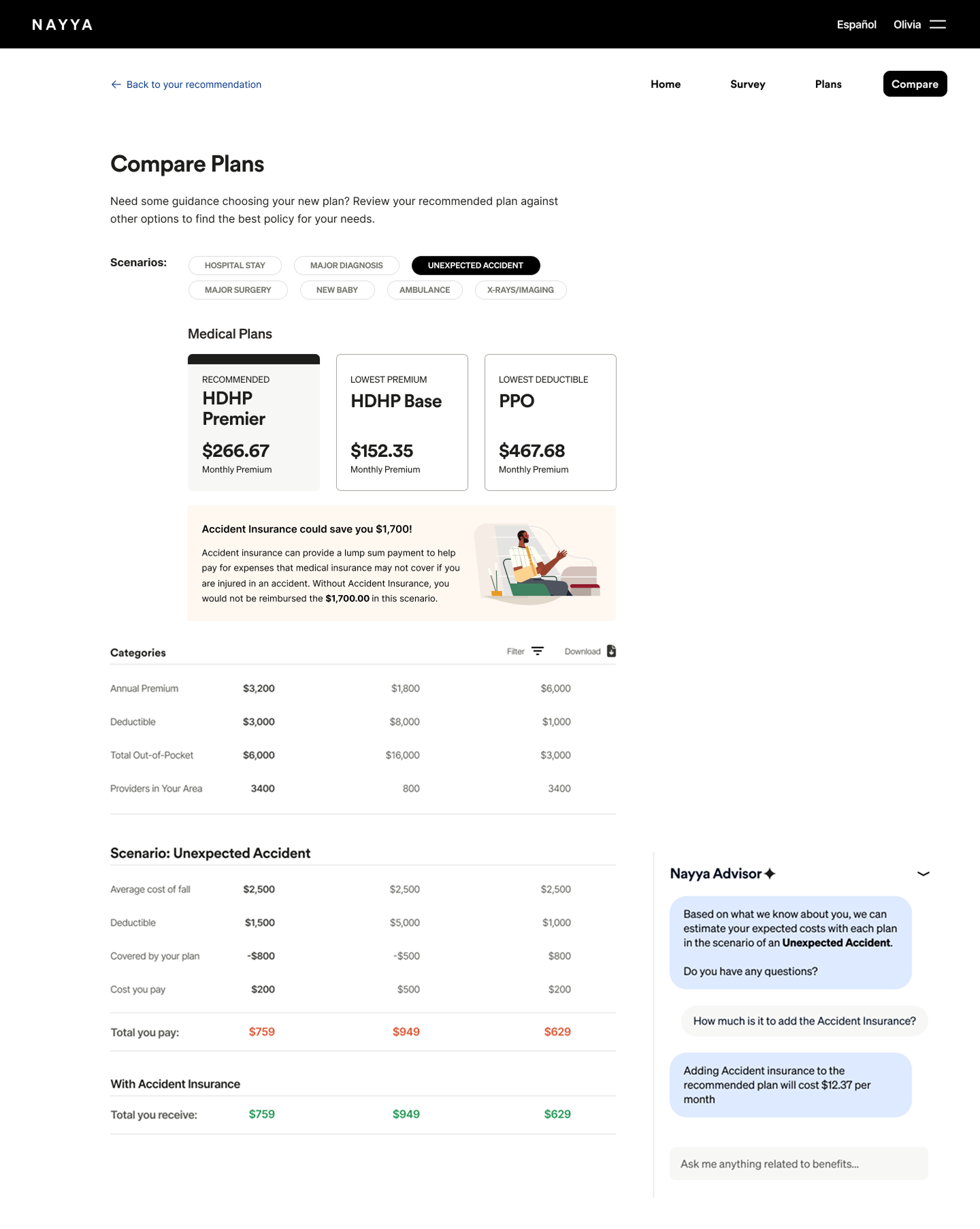 Prototype screen: detailed plan comparison and scenario costs beside the recommendation
