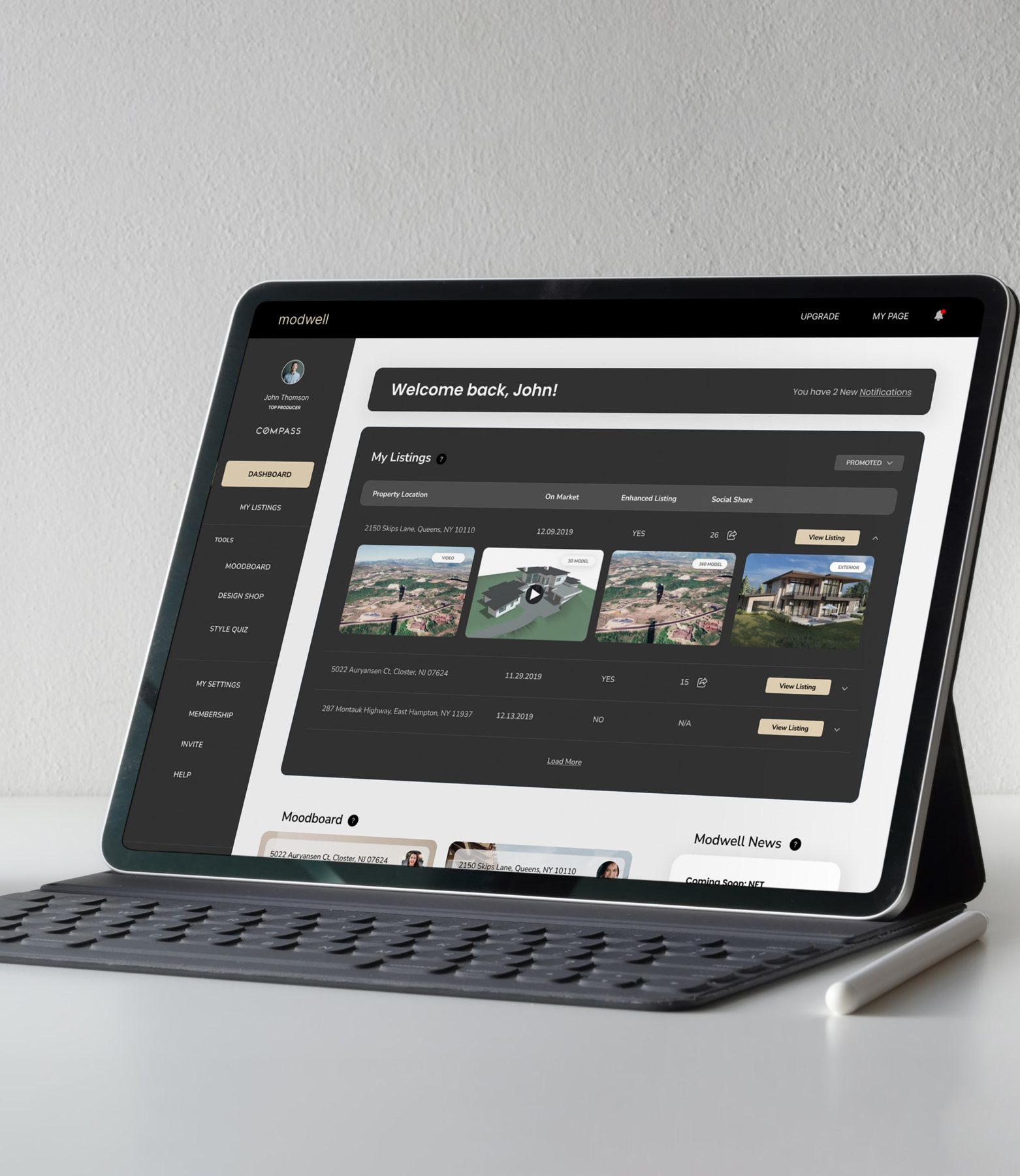 Modwell dashboard on a tablet
