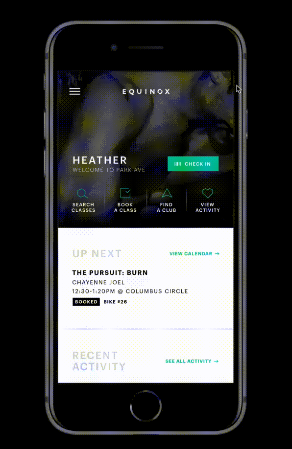 Equinox app home screen scroll showing limited Furthermore placement