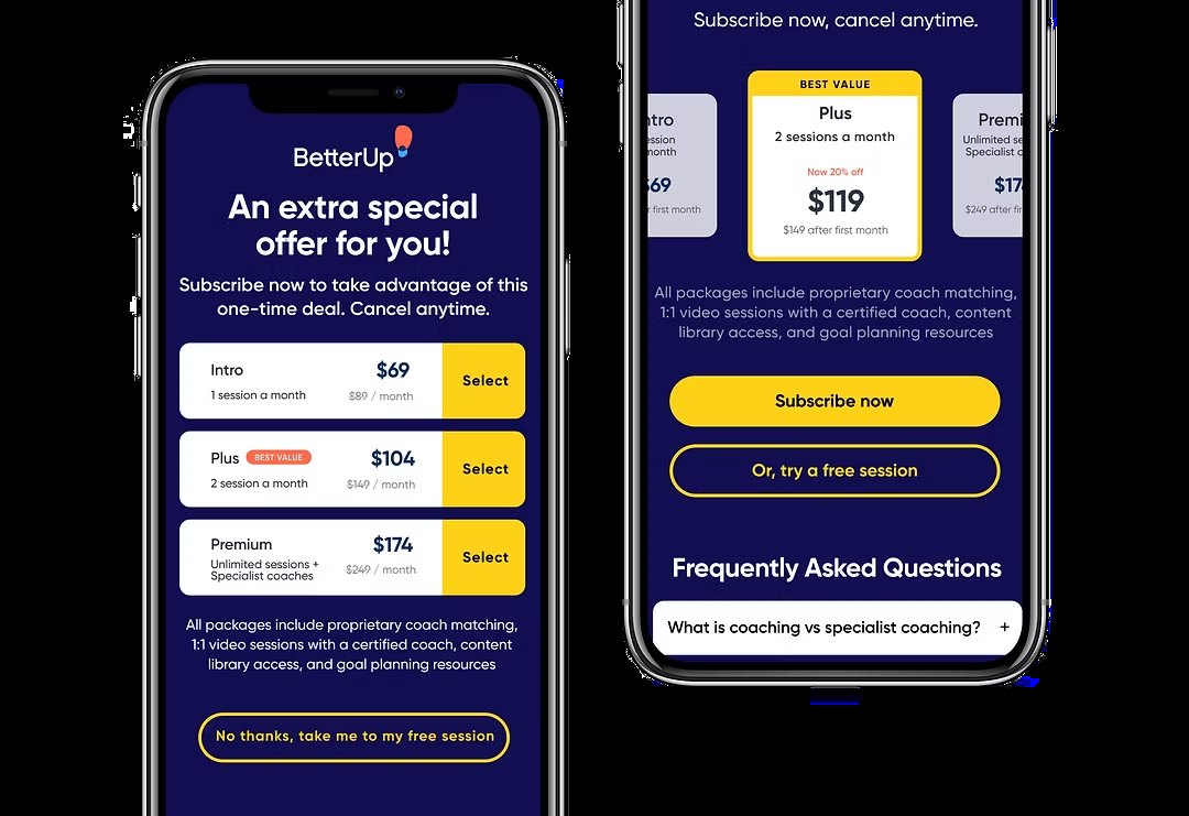 BetterUp revised subscription paywall with skip option