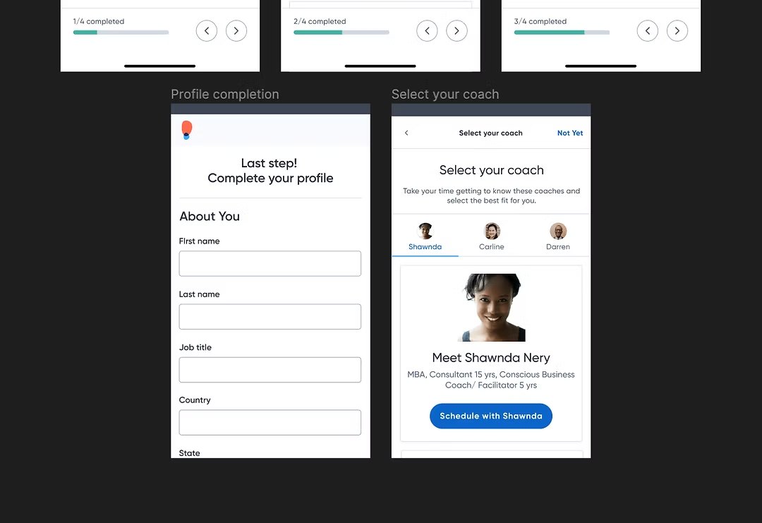 BetterUp profile completion and coach selection screens
