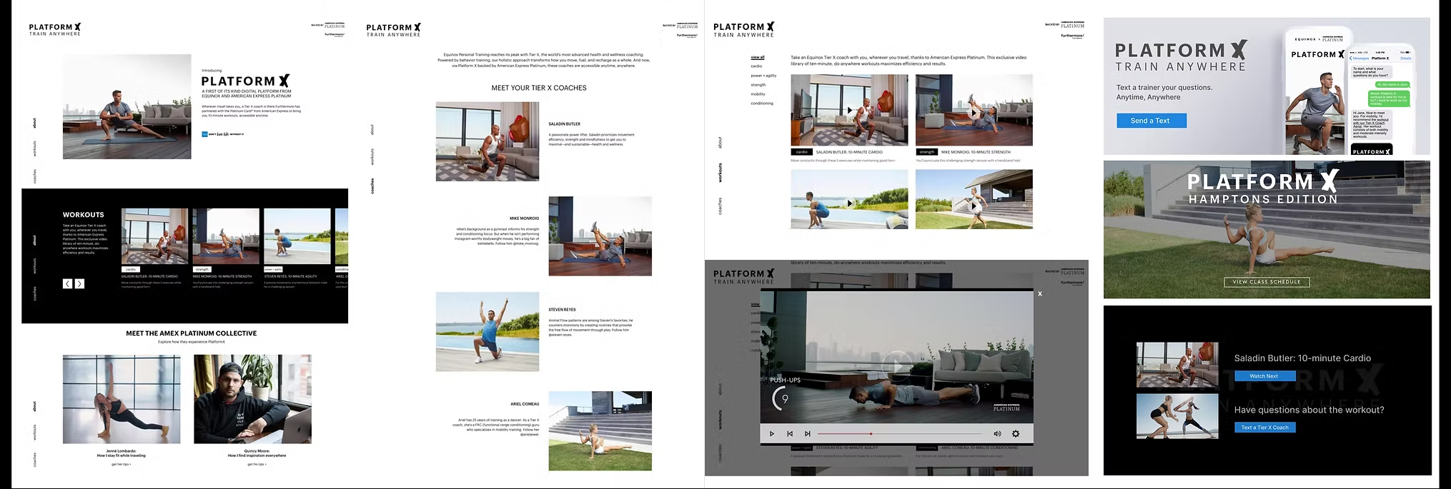 Platform X content microsite screens — about, workouts, coaches, and player
