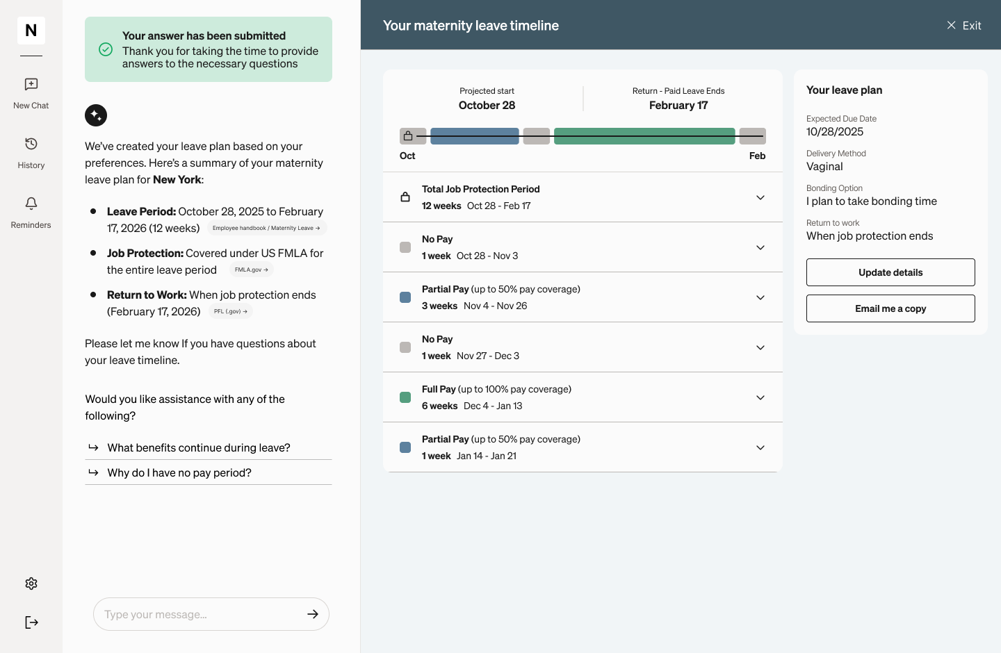 Maternity leave timeline Surface with pay segments and leave plan summary beside chat