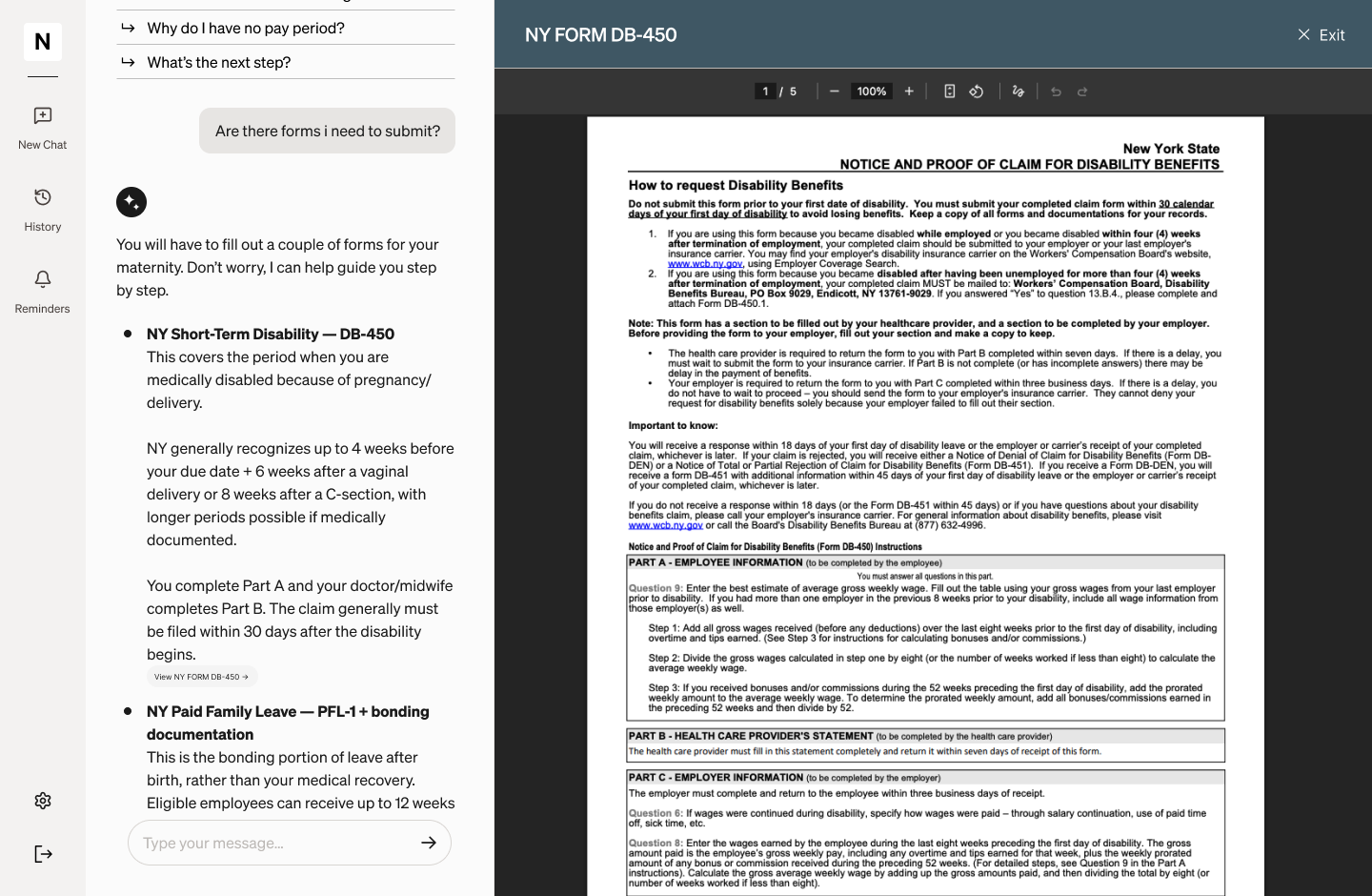 NY Form DB-450 document viewer Surface opened from chat guidance on maternity forms