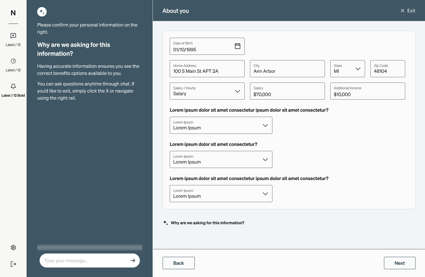 About you Surface collects date of birth, address, and income beside a persistent chat panel