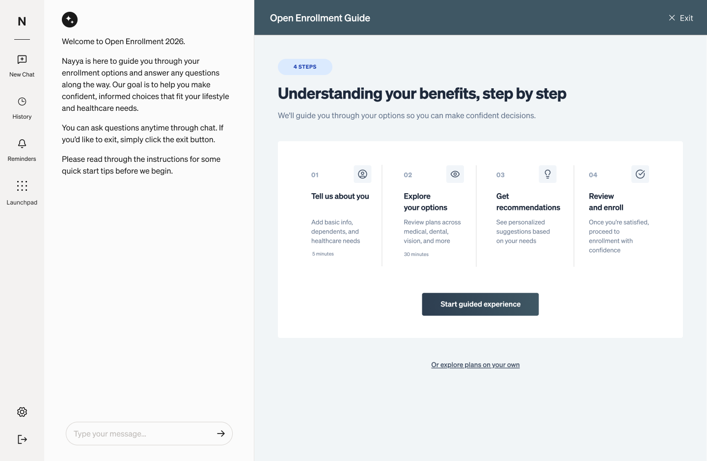 Open Enrollment Guide intro with a four-step guided experience beside chat