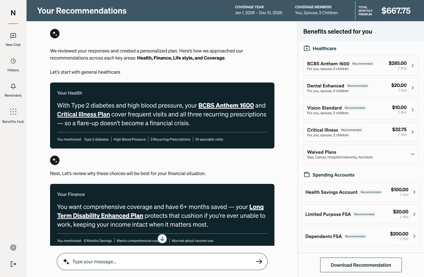 Recommendations Surface with Health and Finance rationale cards and a benefits summary panel
