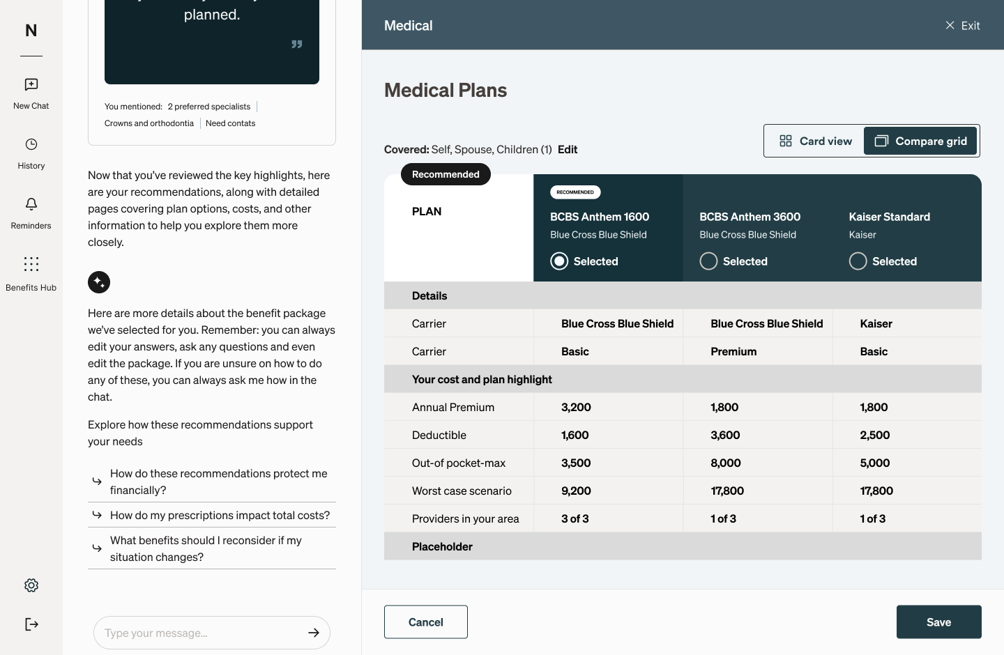 Medical Plans compare grid with recommended plan selected beside chat follow-ups