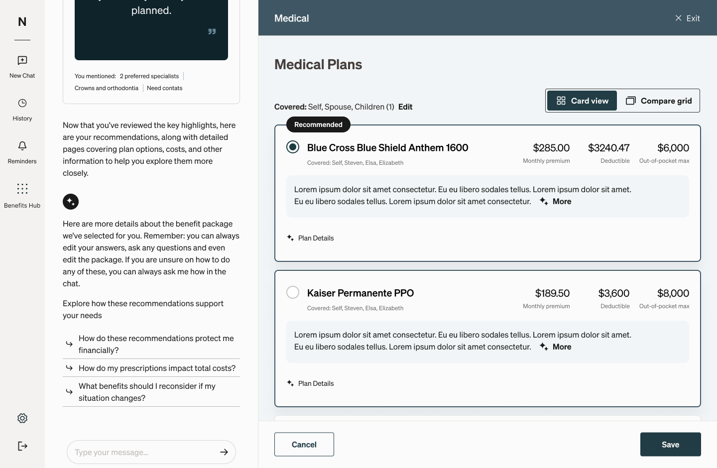 Medical Plans card view with recommended BCBS Anthem plan and chat guidance